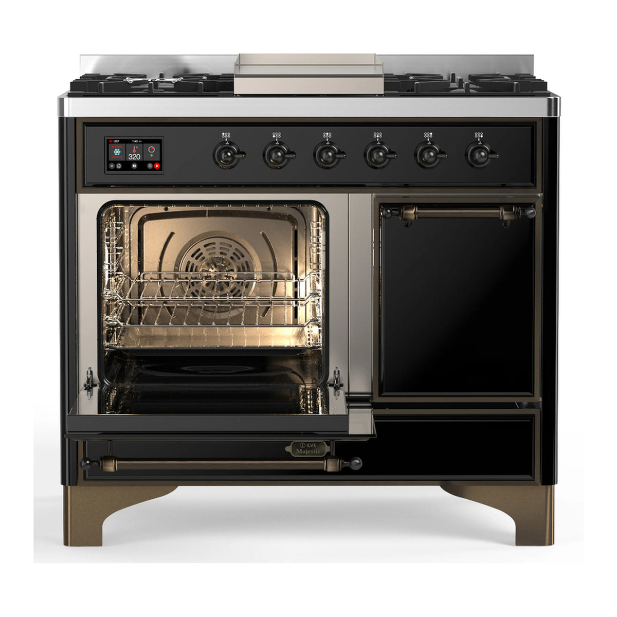 Glossy black dual fuel range with open left oven door, closed right oven, and burner controls