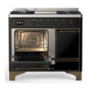 ILVE Majestic III 40-inch Dual Fuel Range with 5 Liquid Propane Burner, Griddle and Solid Door Electric Oven in Glossy Black with Burnished Trim (UMD40FQNR3BKBLP)