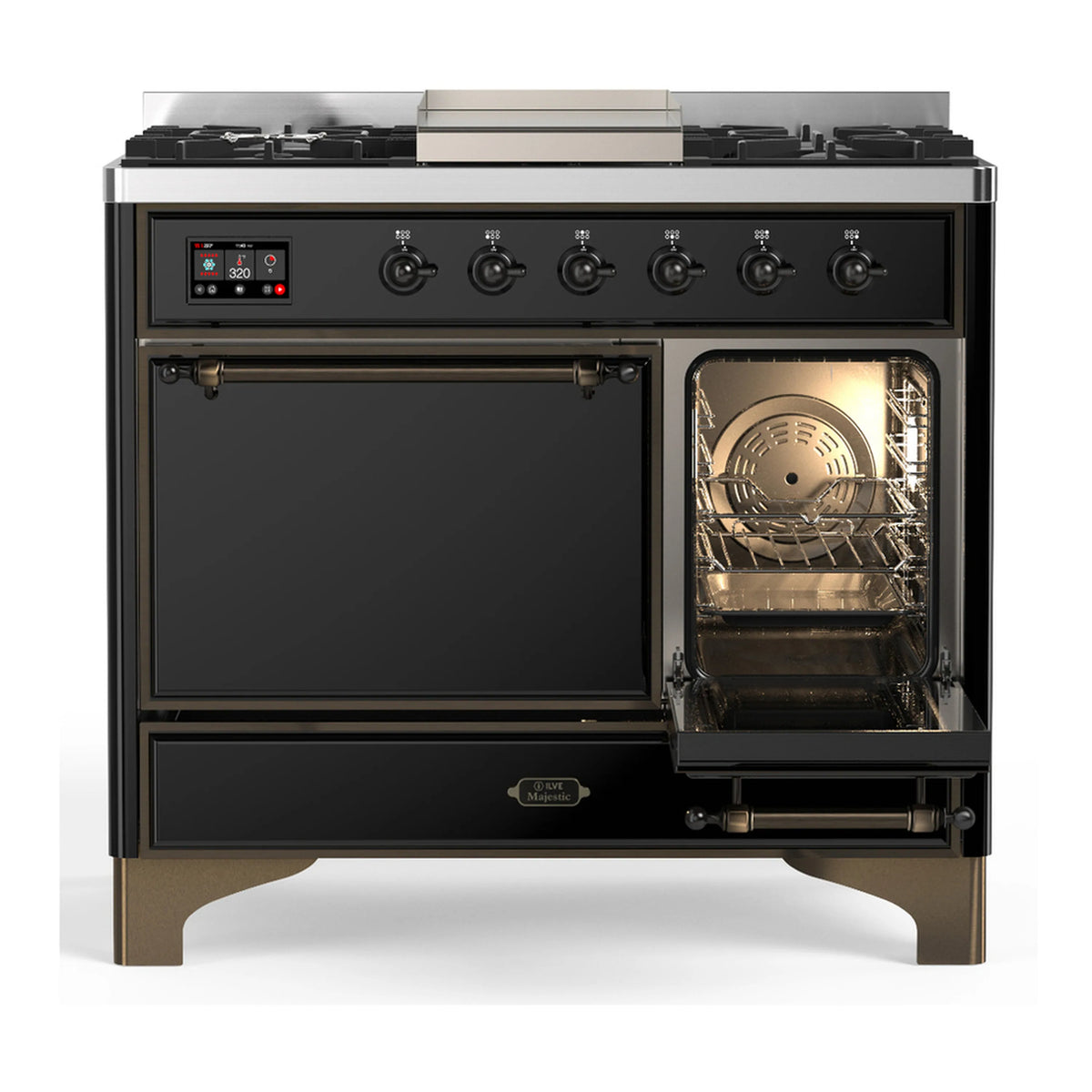 Glossy black dual fuel range with closed left oven door and open right oven cavity