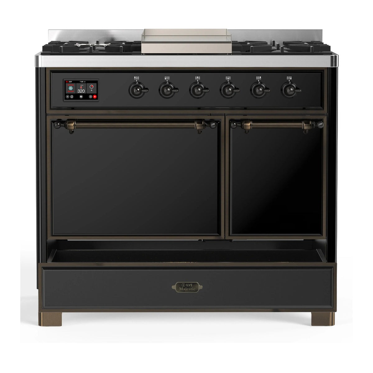 Glossy black dual fuel range with two closed oven doors and front control knobs