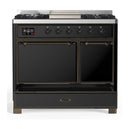ILVE Majestic III 40-inch Dual Fuel Range with 5 Liquid Propane Burner, Griddle and Solid Door Electric Oven in Glossy Black with Burnished Trim (UMD40FQNR3BKBLP)