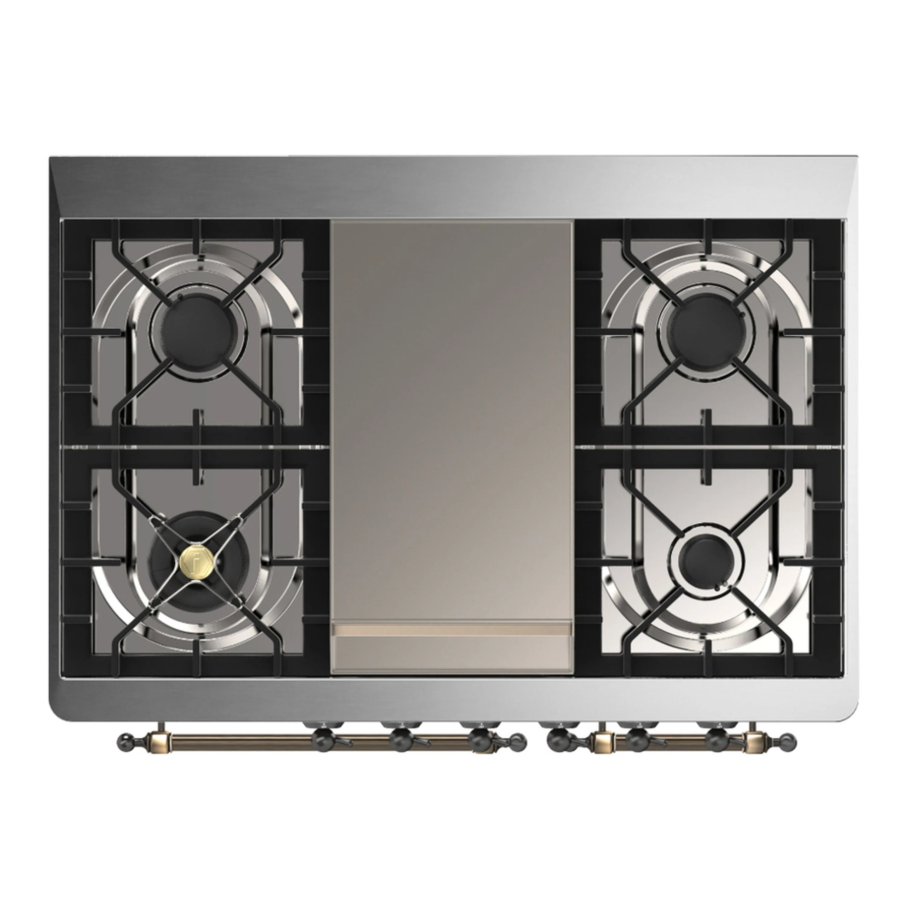Dual fuel range cooktop underside with four burner grates and gas manifold controls