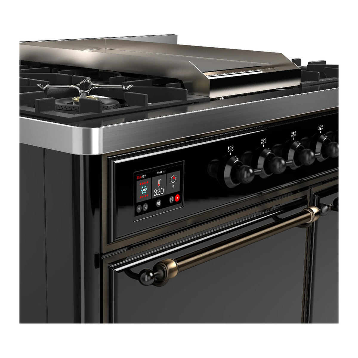 Glossy black range with front display and knob controls, showing oven door and warming handle