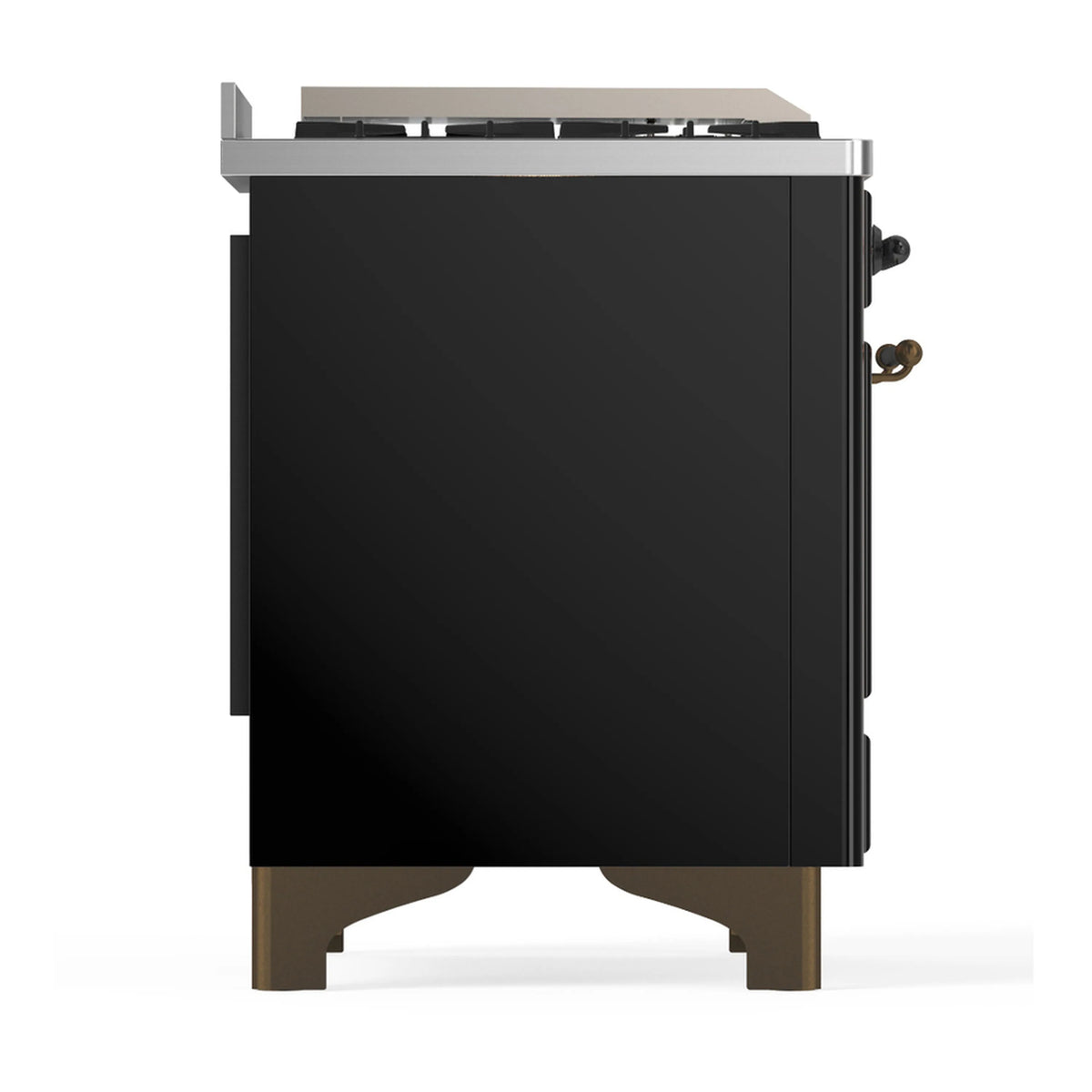 Glossy black range side panel with rear burner area and beige feet