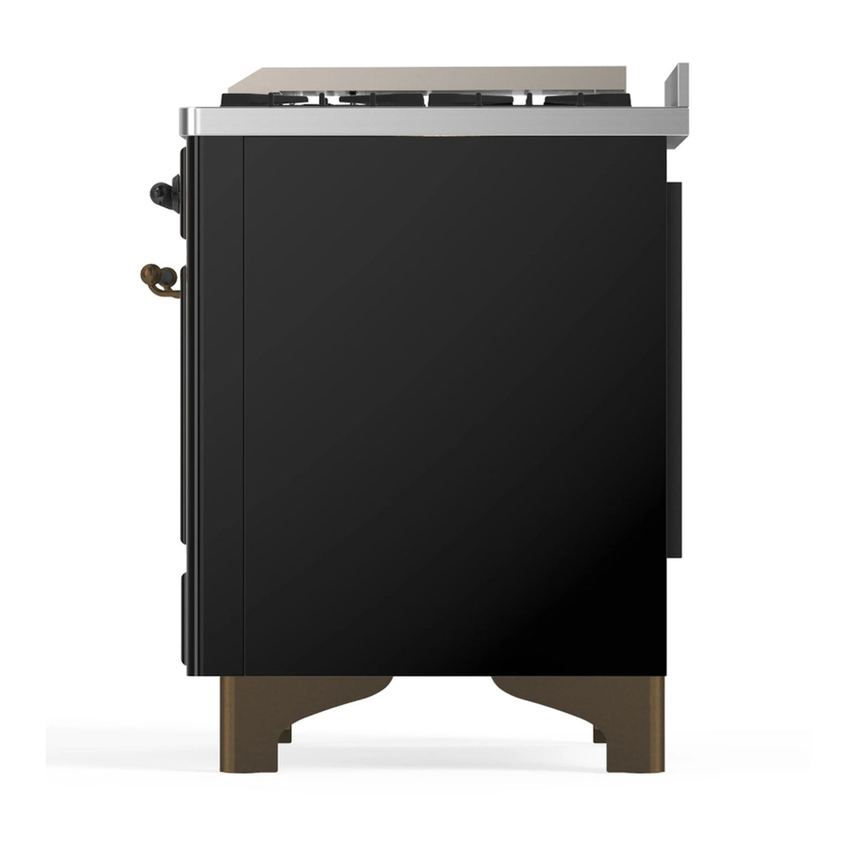 Glossy black range rear side panel with inset ports and beige base feet