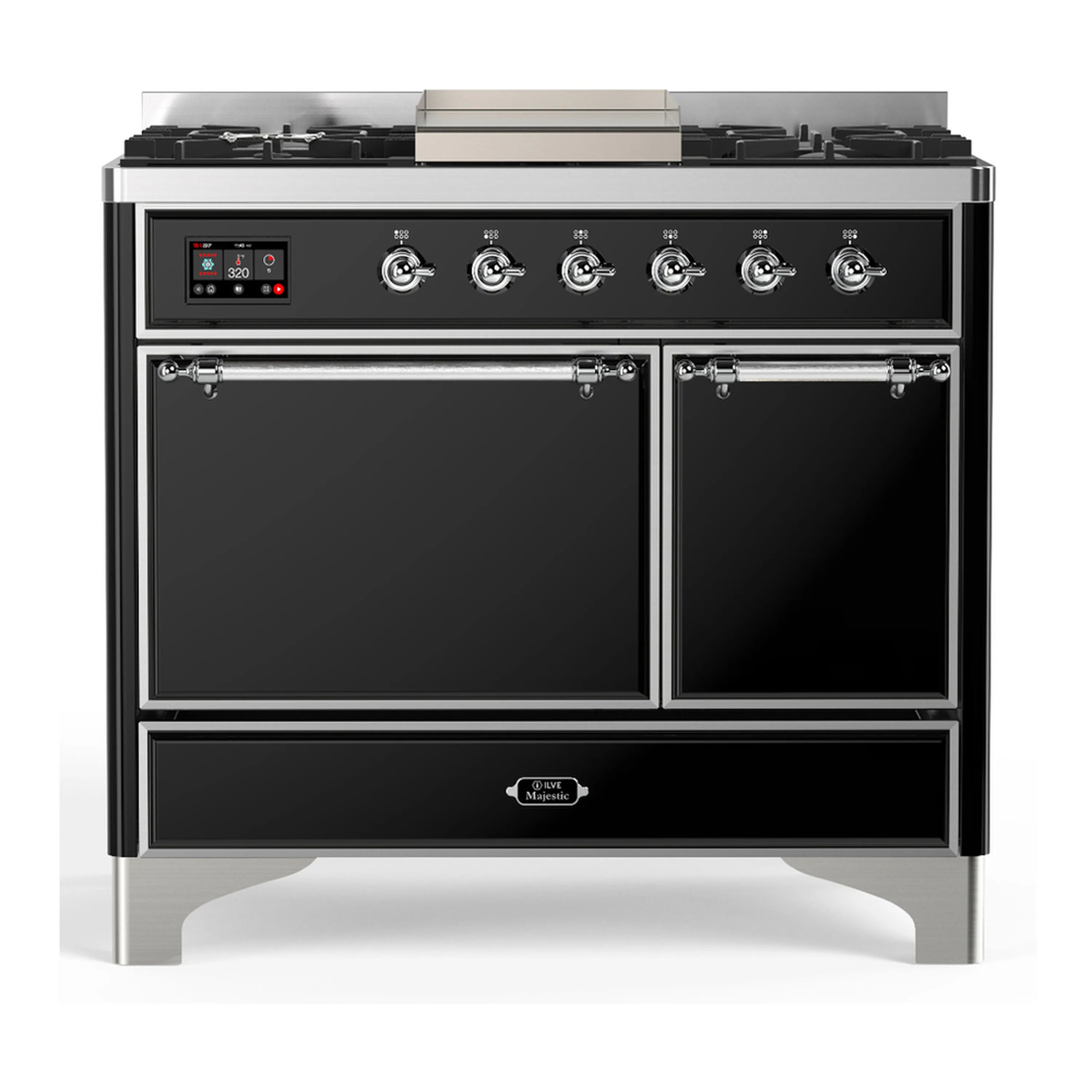 Glossy black dual fuel range with chrome knobs and two closed oven doors