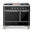 ILVE Majestic III 40-inch Dual Fuel Range with 5 Liquid Propane Burner, Griddle and Solid Door Electric Oven in Glossy Black with Chrome Trim (UMD40FQNR3BKCLP)