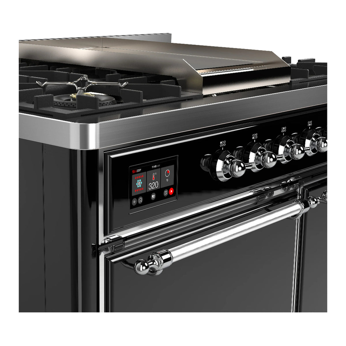 Glossy black dual fuel range with chrome knobs and open electric oven door view