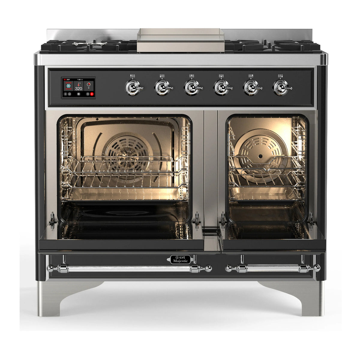 Glossy black dual fuel range with chrome control knobs and both oven doors open