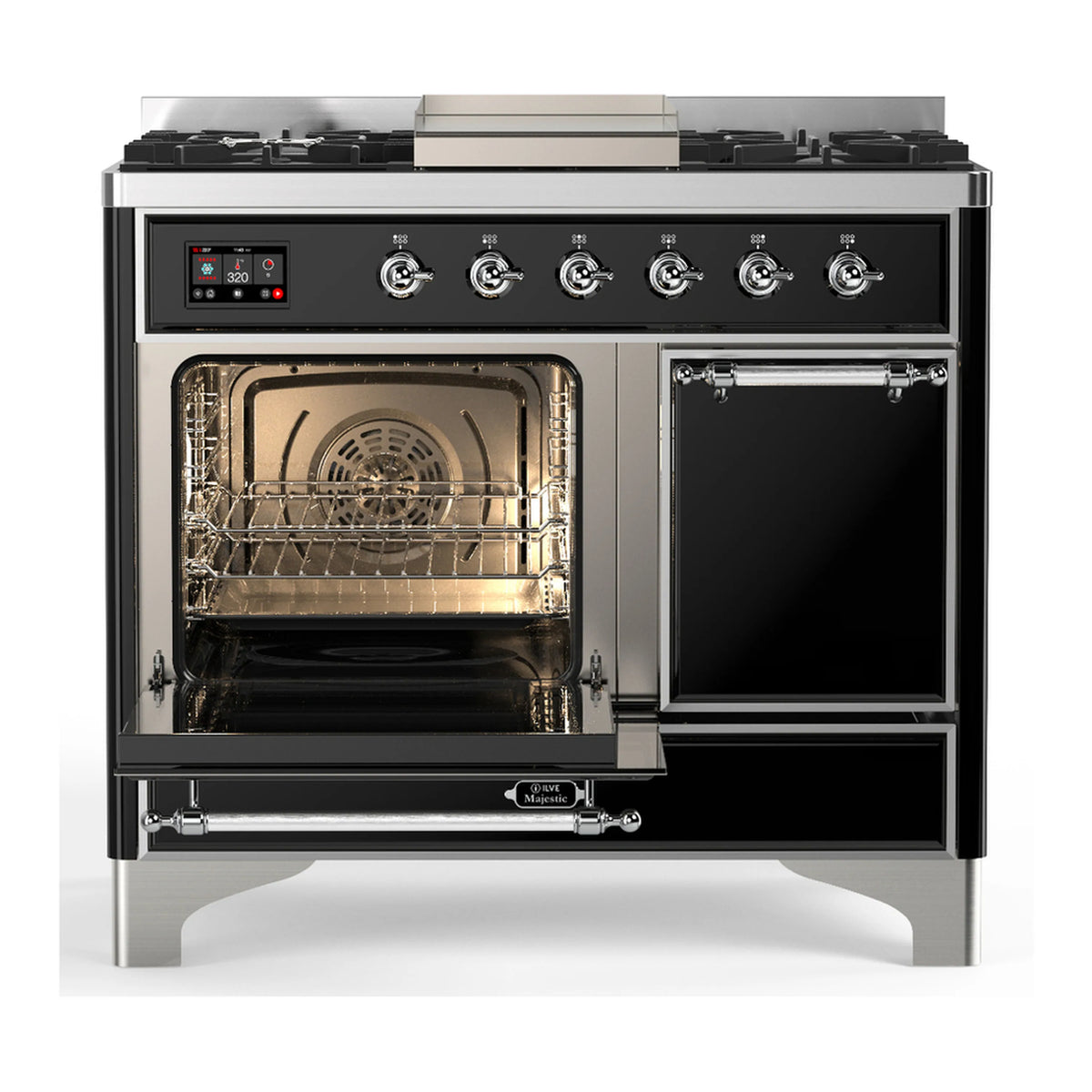 Glossy black dual fuel range with chrome controls; one oven door open