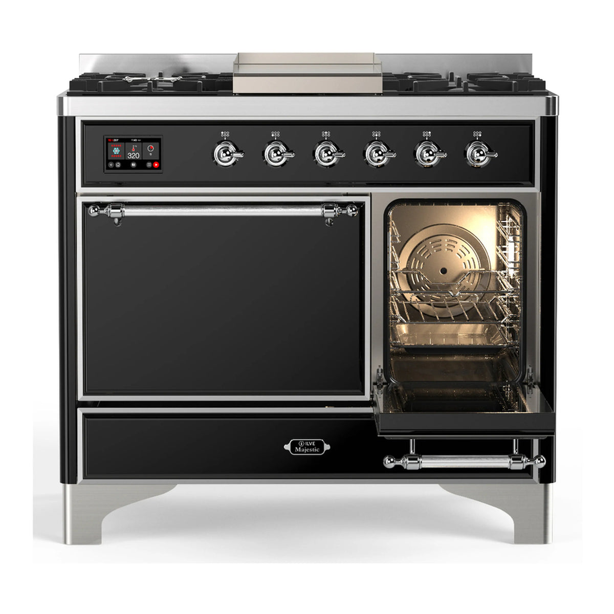 Glossy black dual fuel range with chrome handles; right oven door open