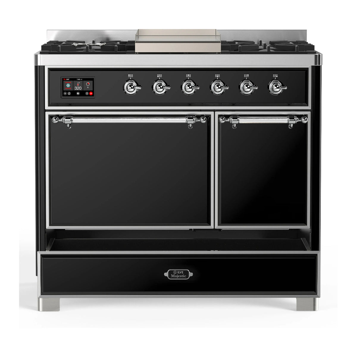 Glossy black dual fuel range with chrome knobs and two closed oven doors
