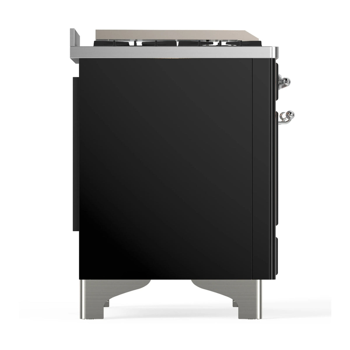 Glossy black dual fuel range side panel with chrome base and side controls