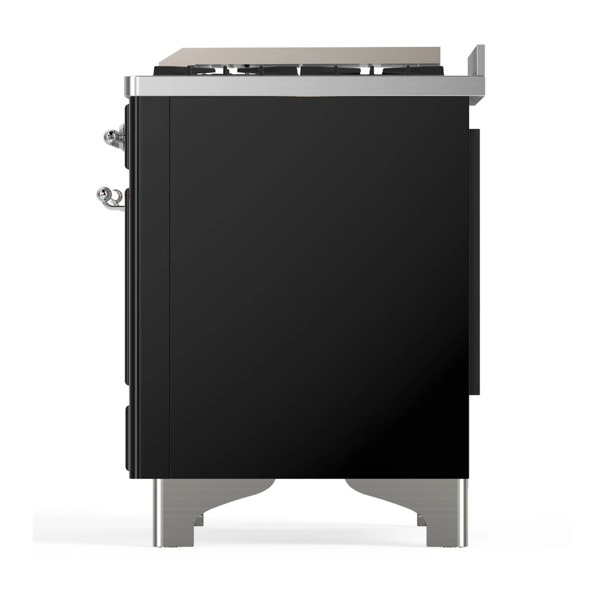 Glossy black dual fuel range rear side panel with chrome legs and side fittings