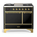 ILVE Majestic III 40-inch Dual Fuel Range with 6 Natural Gas Burner, Griddle and Solid Door Electric Oven in Glossy Black with Brass Trim (UMD40FQNR3BKG)