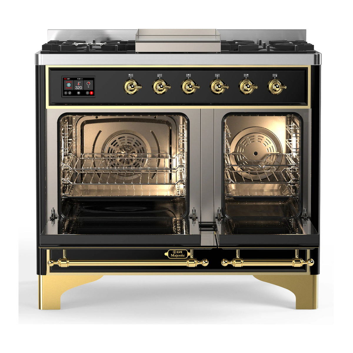 Dual-fuel range with glossy black and brass trim, both oven doors open with racks