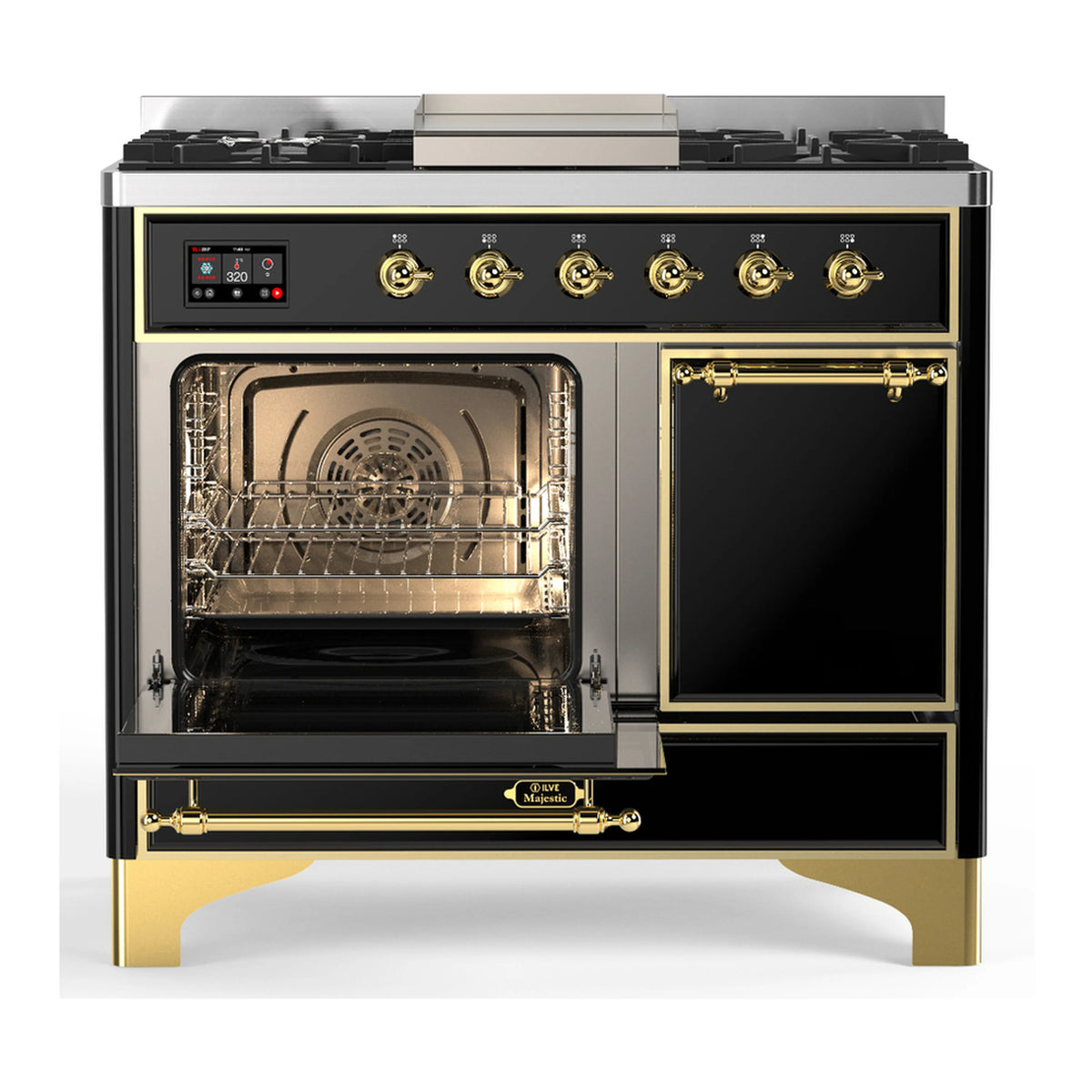 Glossy black dual-fuel range with brass trim, six gas burners, griddle, and ovens