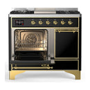 ILVE Majestic III 40-inch Dual Fuel Range with 6 Natural Gas Burner, Griddle and Solid Door Electric Oven in Glossy Black with Brass Trim (UMD40FQNR3BKG)