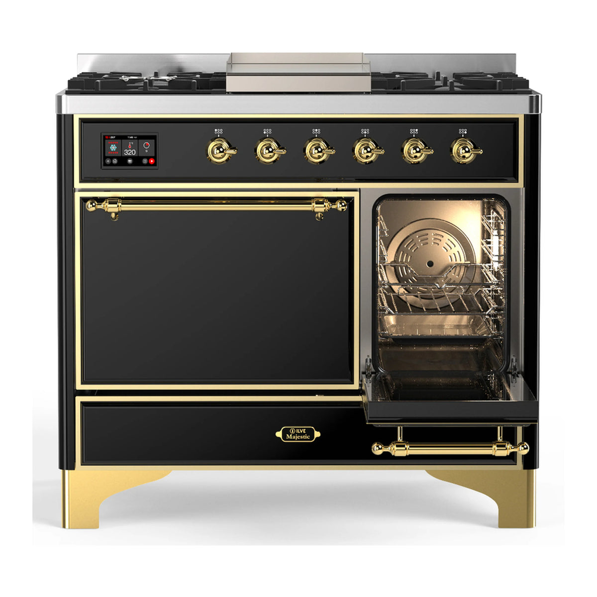 Glossy black dual-fuel range with brass trim and open oven door showing racks