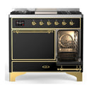 ILVE Majestic III 40-inch Dual Fuel Range with 6 Natural Gas Burner, Griddle and Solid Door Electric Oven in Glossy Black with Brass Trim (UMD40FQNR3BKG)