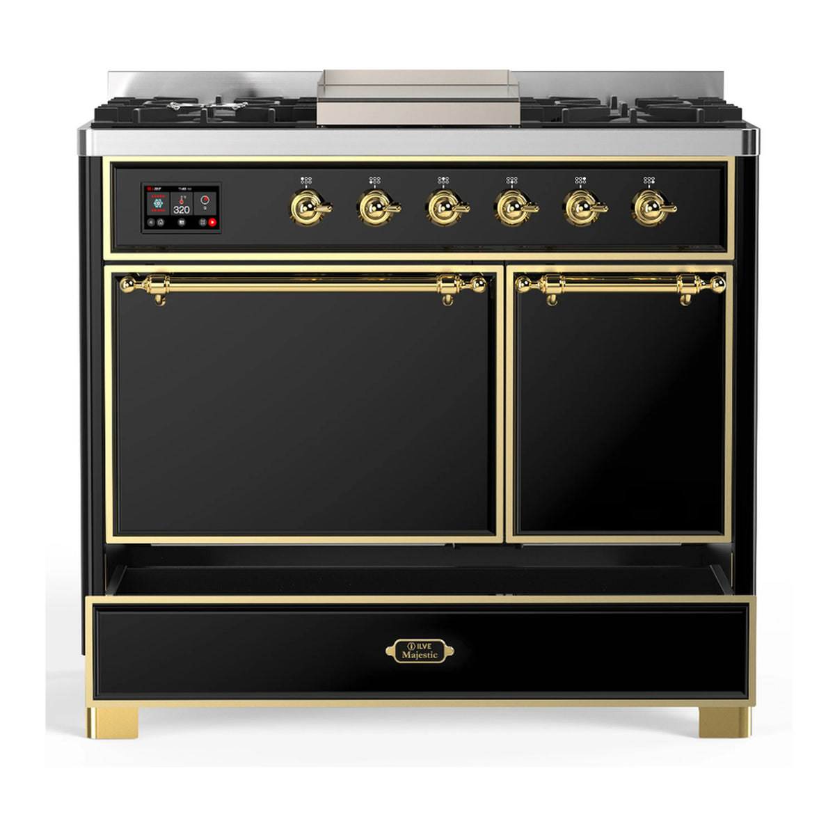 Glossy black dual-fuel range with brass trim, six burners, and two closed oven doors