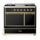 ILVE Majestic III 40-inch Dual Fuel Range with 6 Natural Gas Burner, Griddle and Solid Door Electric Oven in Glossy Black with Brass Trim (UMD40FQNR3BKG)