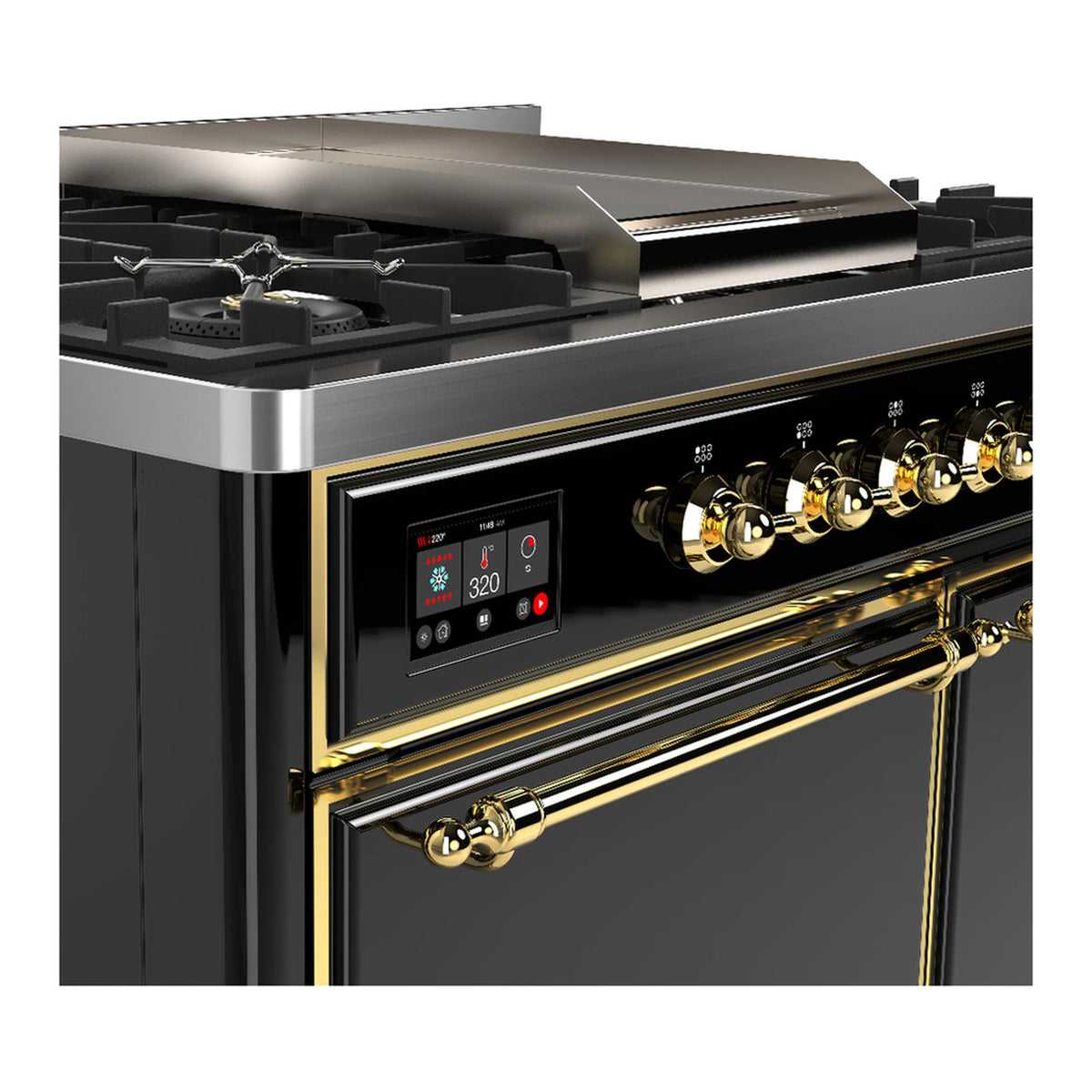 Dual-fuel range control panel with digital display and brass knobs on glossy black front