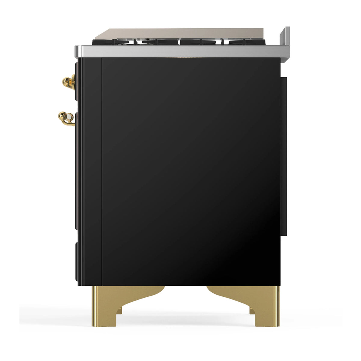 Glossy black dual-fuel range back panel with brass trim and gold-colored legs