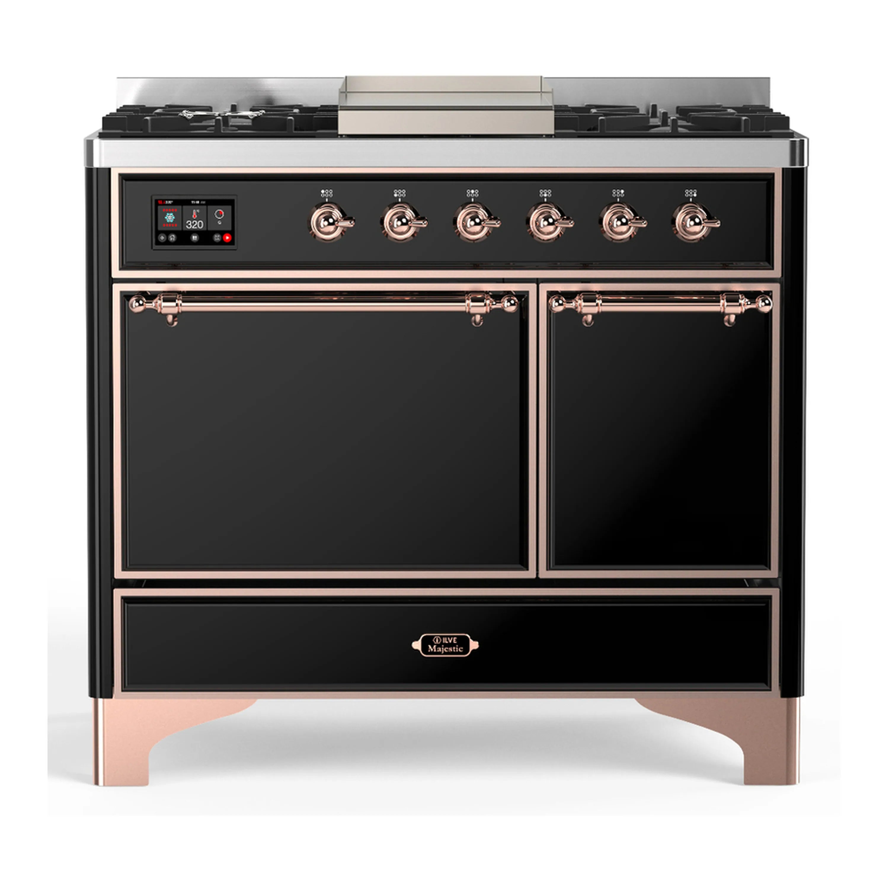 Glossy black dual fuel range with copper trim, both oven doors closed, and control panel