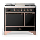ILVE Majestic III 40-inch Dual Fuel Range with 6 Natural Gas Burner, Griddle and Solid Door Electric Oven in Glossy Black with Copper Trim (UMD40FQNR3BKP)