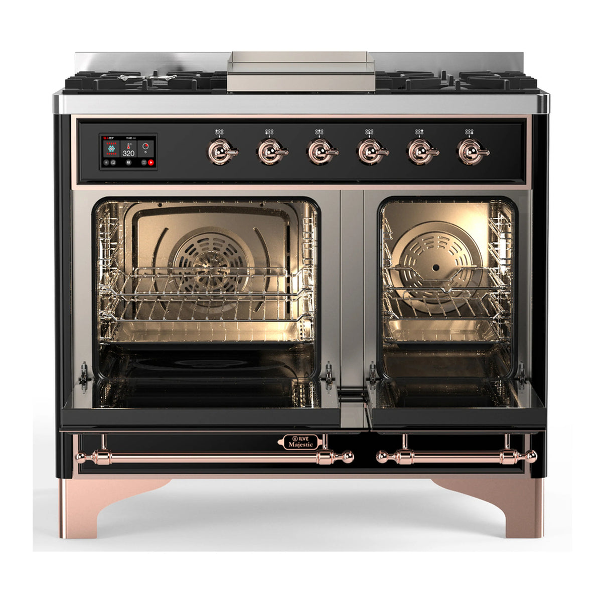 Glossy black dual fuel range with copper trim, open ovens, and burner control panel