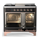 ILVE Majestic III 40-inch Dual Fuel Range with 6 Natural Gas Burner, Griddle and Solid Door Electric Oven in Glossy Black with Copper Trim (UMD40FQNR3BKP)