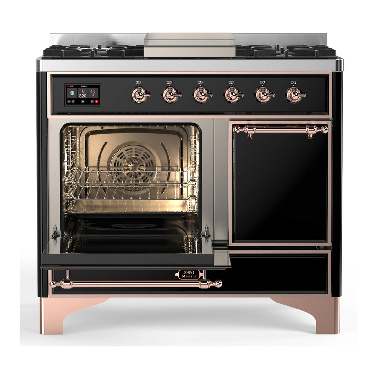 Glossy black dual fuel range with copper trim, right oven door open, and control knobs