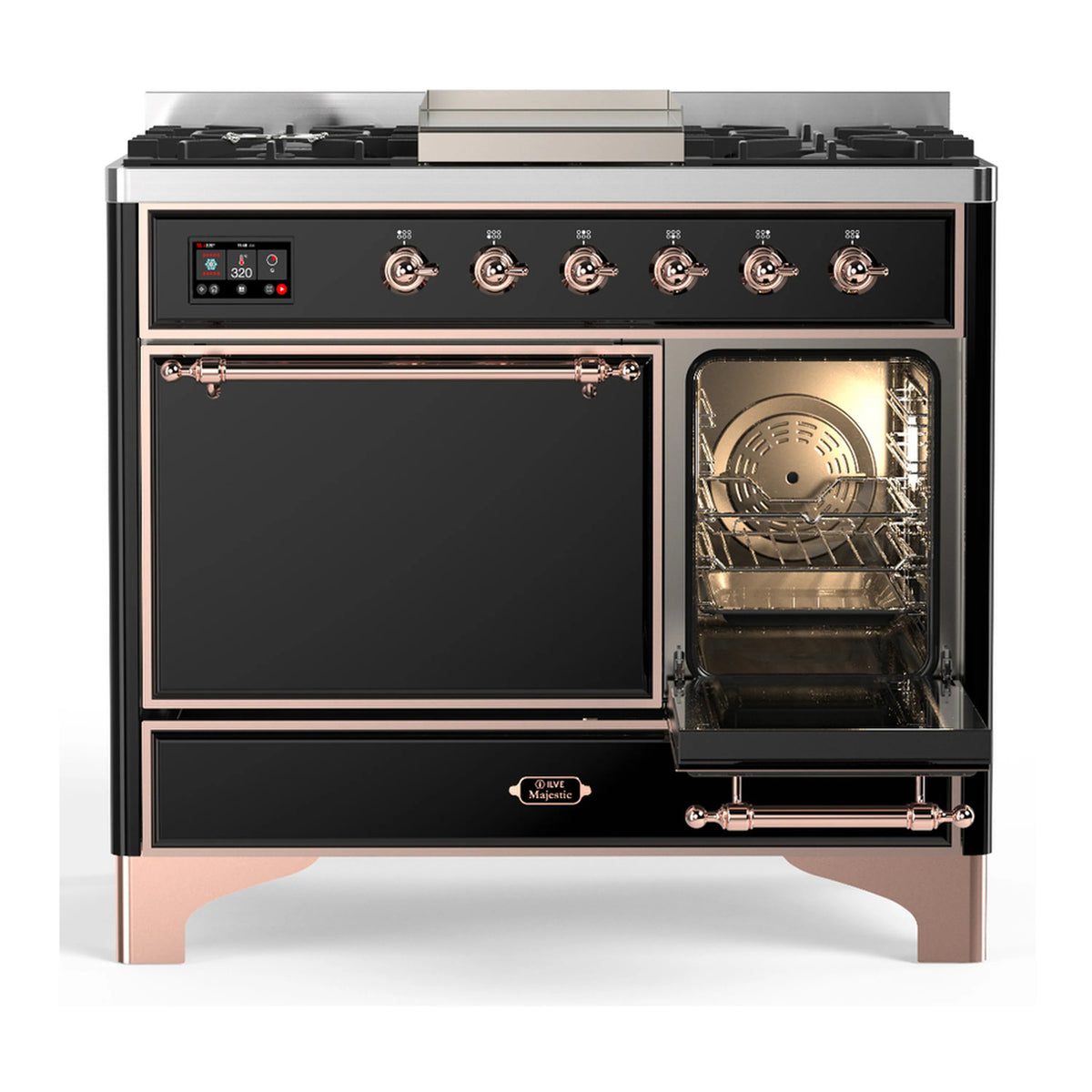 Glossy black dual fuel range with copper trim, left oven door open, and cooktop griddle