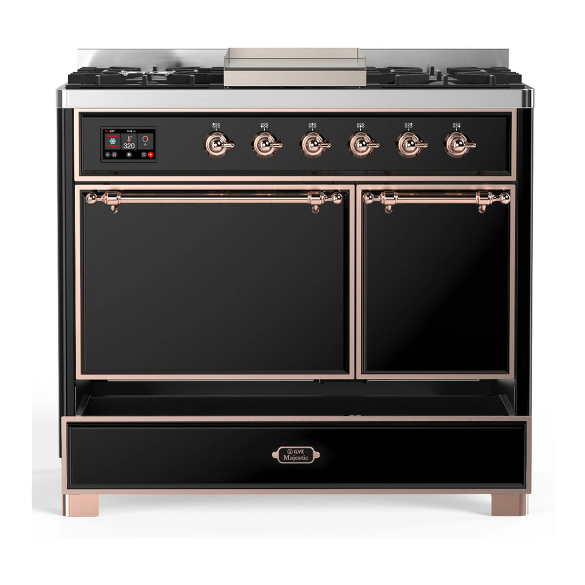 Glossy black dual fuel range with copper trim, two oven doors, and front control panel