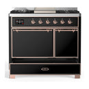 ILVE Majestic III 40-inch Dual Fuel Range with 6 Natural Gas Burner, Griddle and Solid Door Electric Oven in Glossy Black with Copper Trim (UMD40FQNR3BKP)