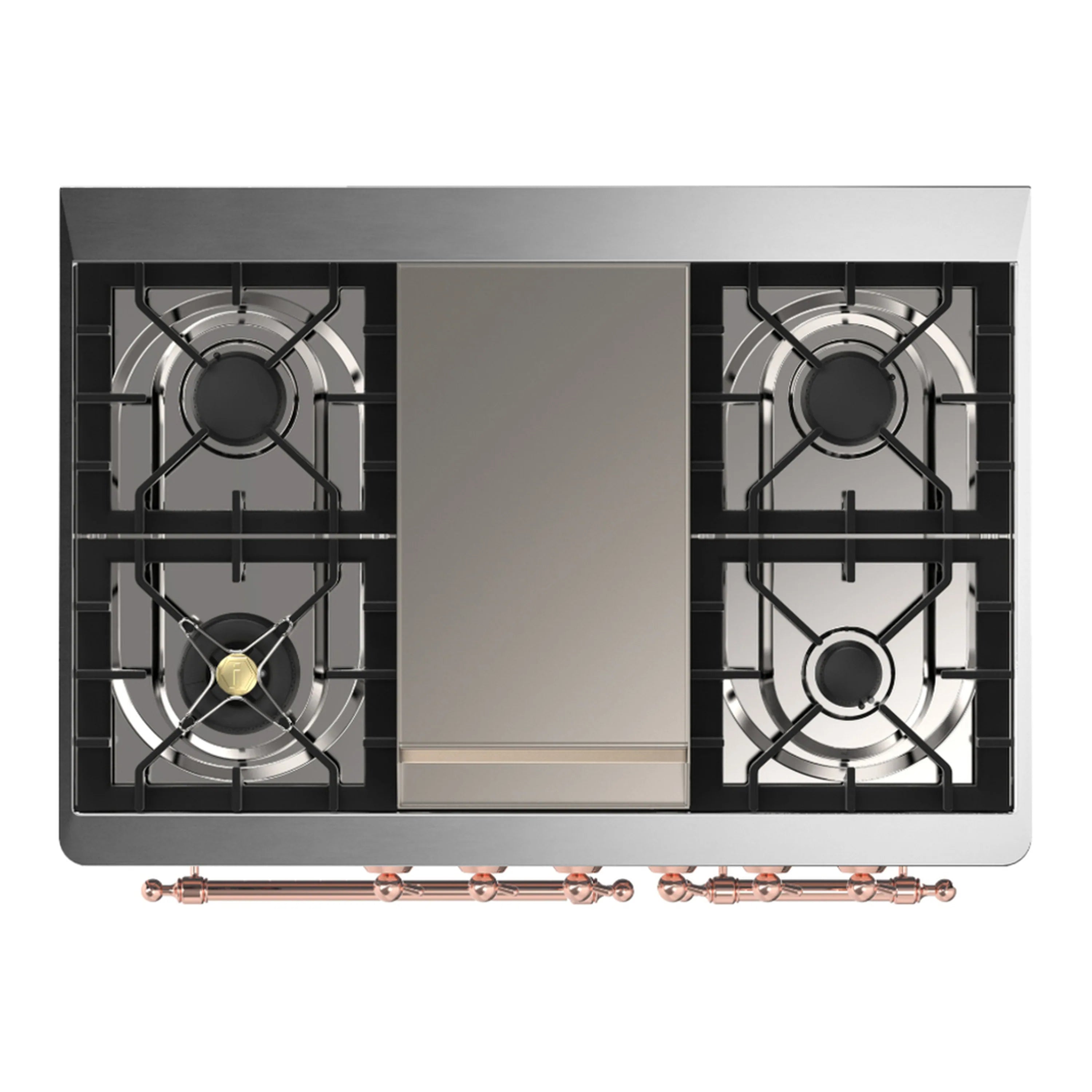 Black dual fuel range cooktop with four gas burners and central griddle