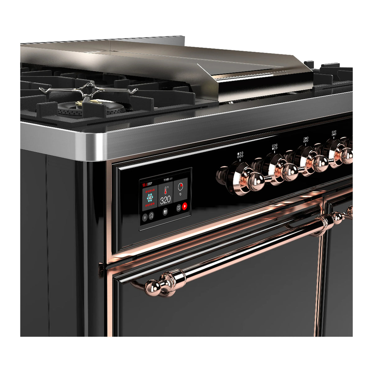 Black dual fuel range with copper trim, control display, and stainless oven handle