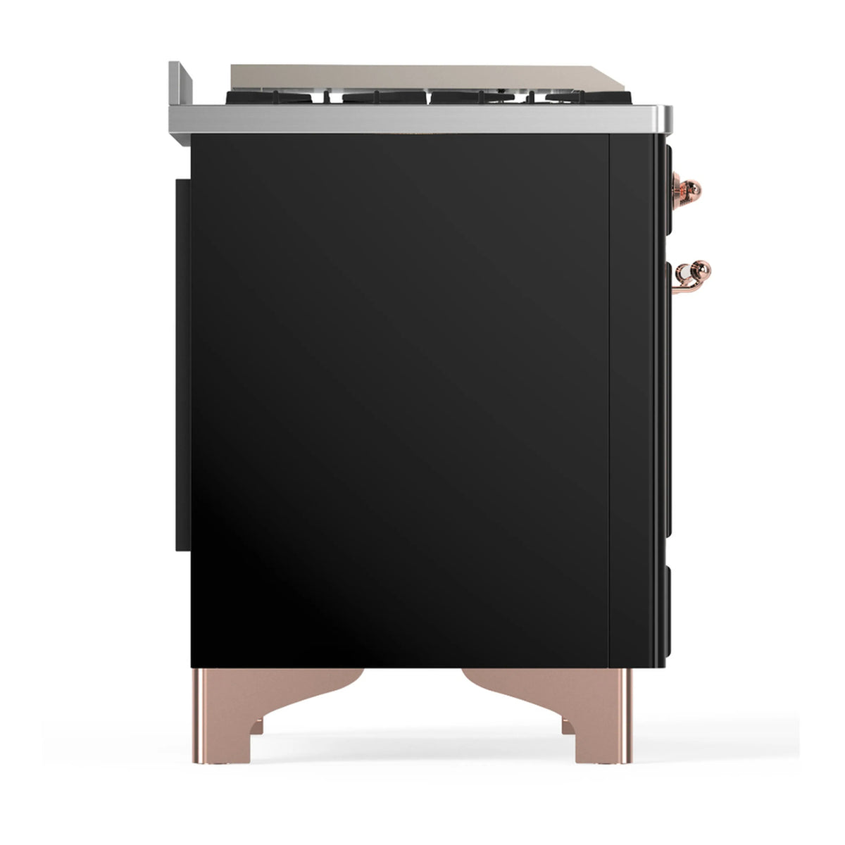 Black dual fuel range side view with copper trim accents and raised feet