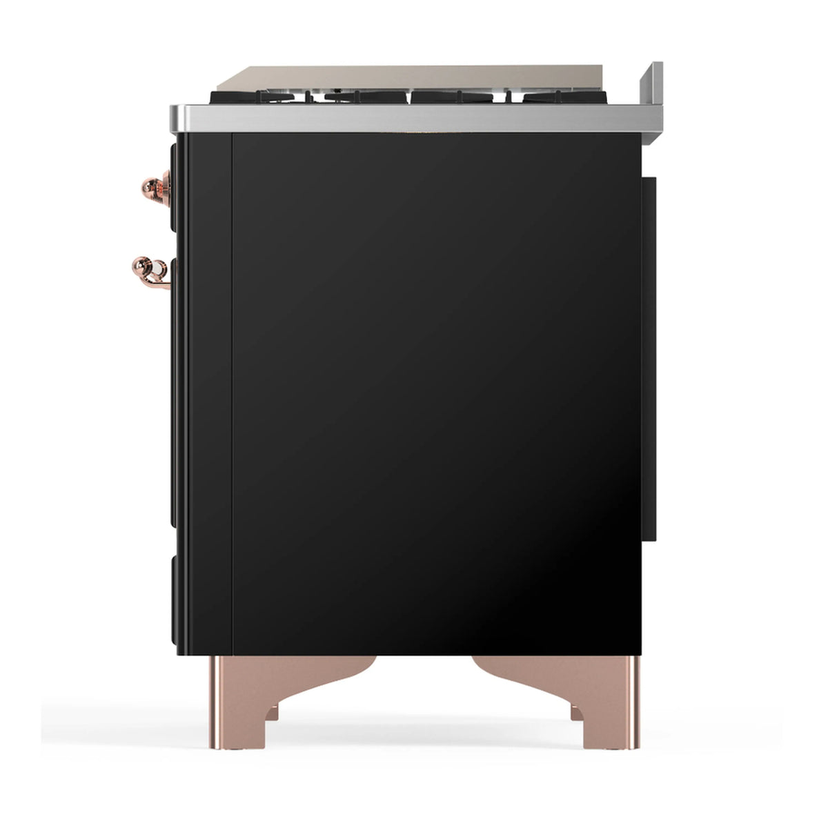 Black dual fuel range back/side view with copper trim, vents, and raised legs