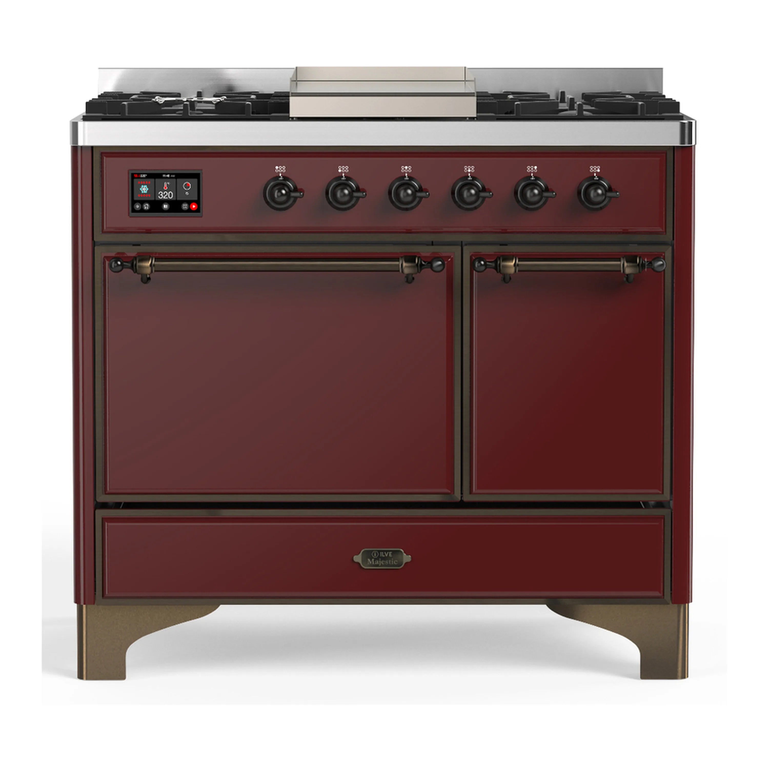 Burgundy dual fuel range with control panel and two closed oven doors, stainless trim.
