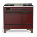 ILVE Majestic III 40-inch Dual Fuel Range with 5 Liquid Propane Burner, Griddle and Solid Door Electric Oven in Burgundy with Burnished Trim (UMD40FQNR3BUBLP)