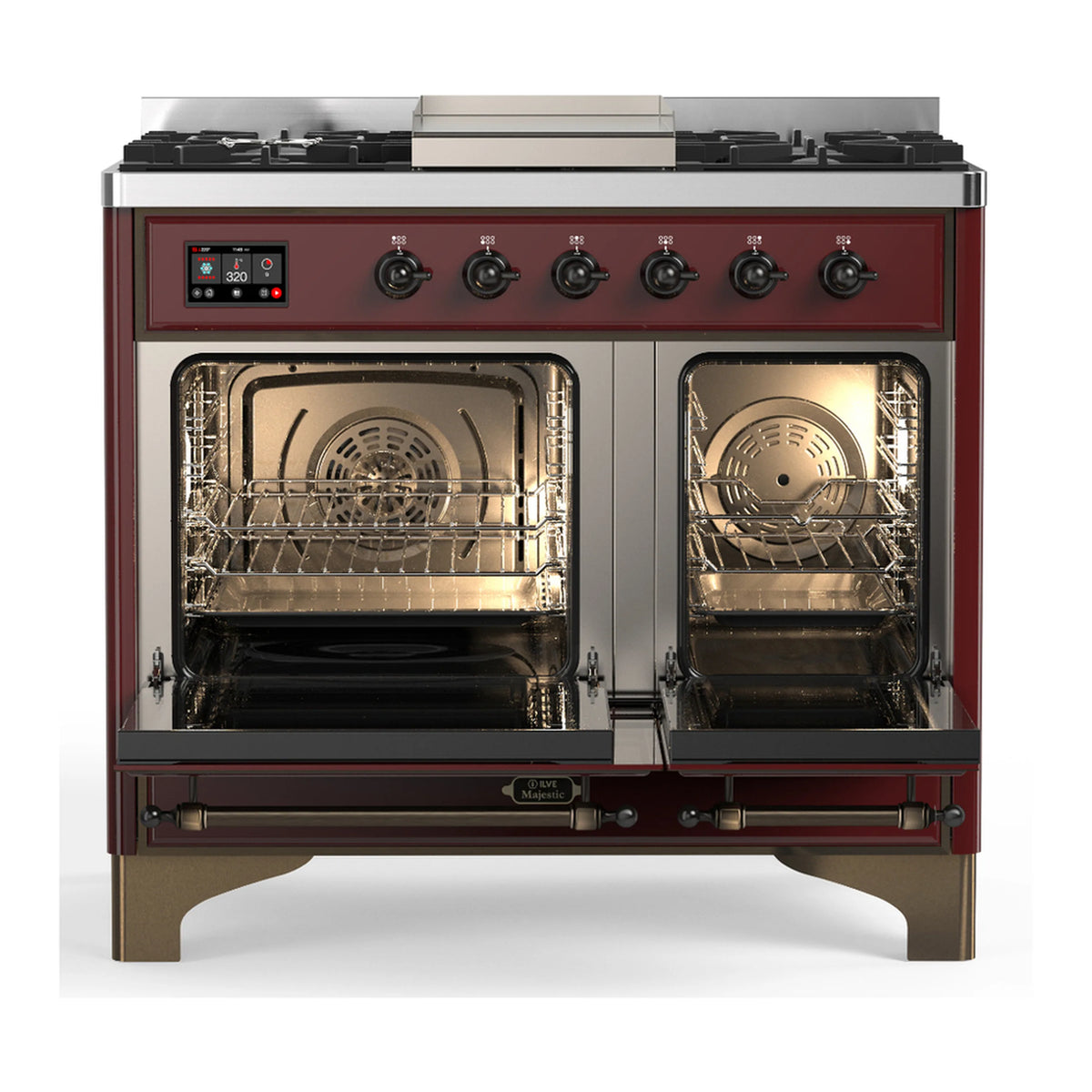 Burgundy range oven with door open, illuminated interior and metal racks, two burners above.