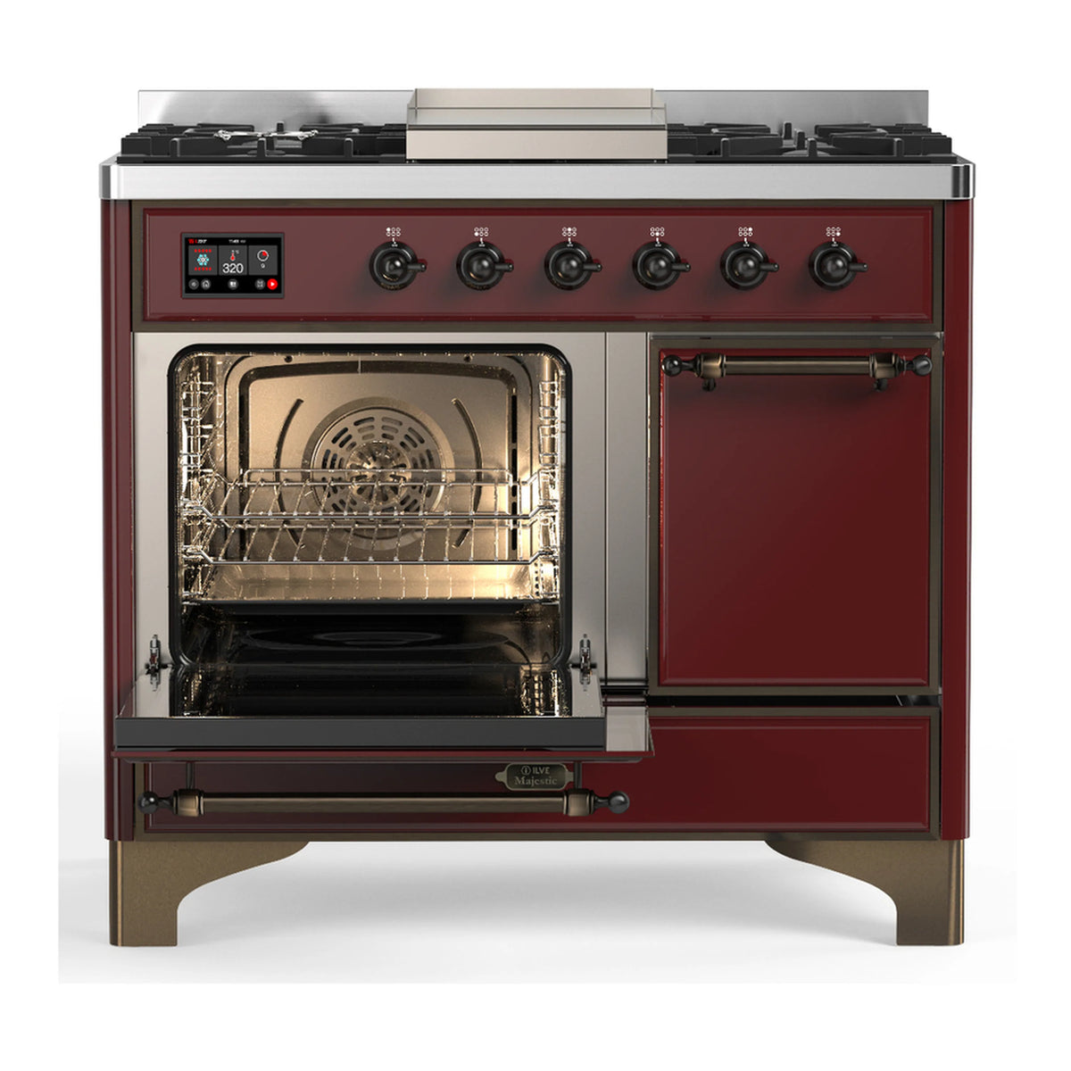 Burgundy dual fuel range with oven door open, lit oven interior and right-side cooktop.