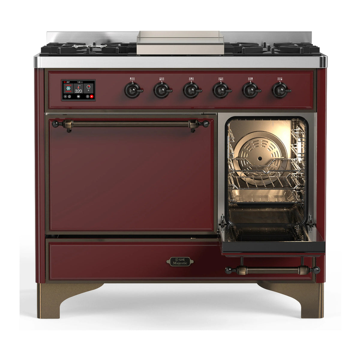 Burgundy range with left oven door closed and right oven door open, lit interior racks.