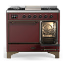 ILVE Majestic III 40-inch Dual Fuel Range with 5 Liquid Propane Burner, Griddle and Solid Door Electric Oven in Burgundy with Burnished Trim (UMD40FQNR3BUBLP)