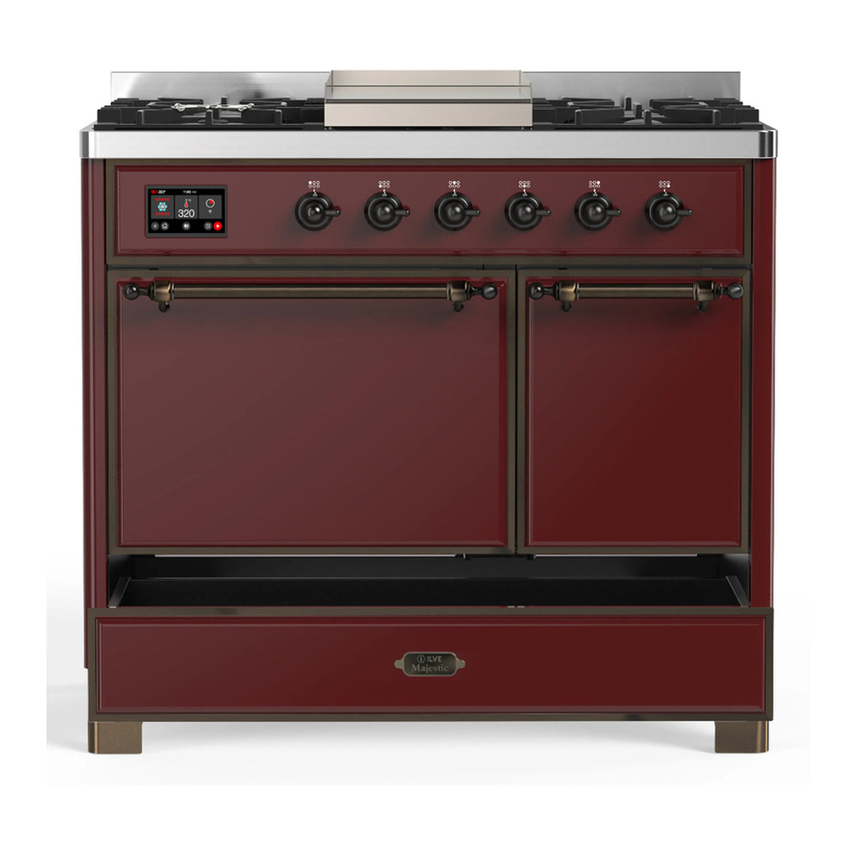 Burgundy dual fuel range with control panel, two cabinet doors, and open oven drawer.
