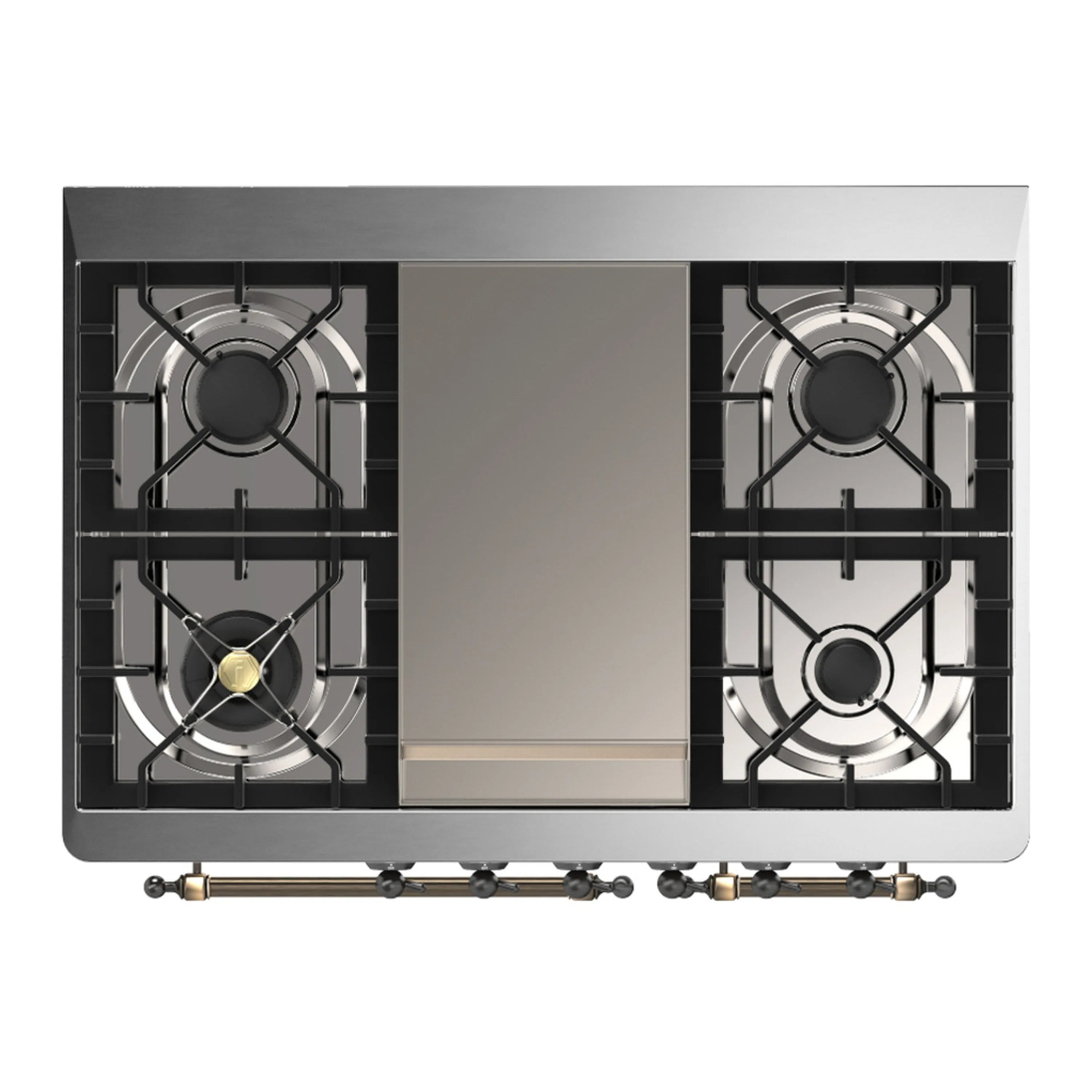Dual fuel cooktop with four black gas burners and cast-iron grates, front view.