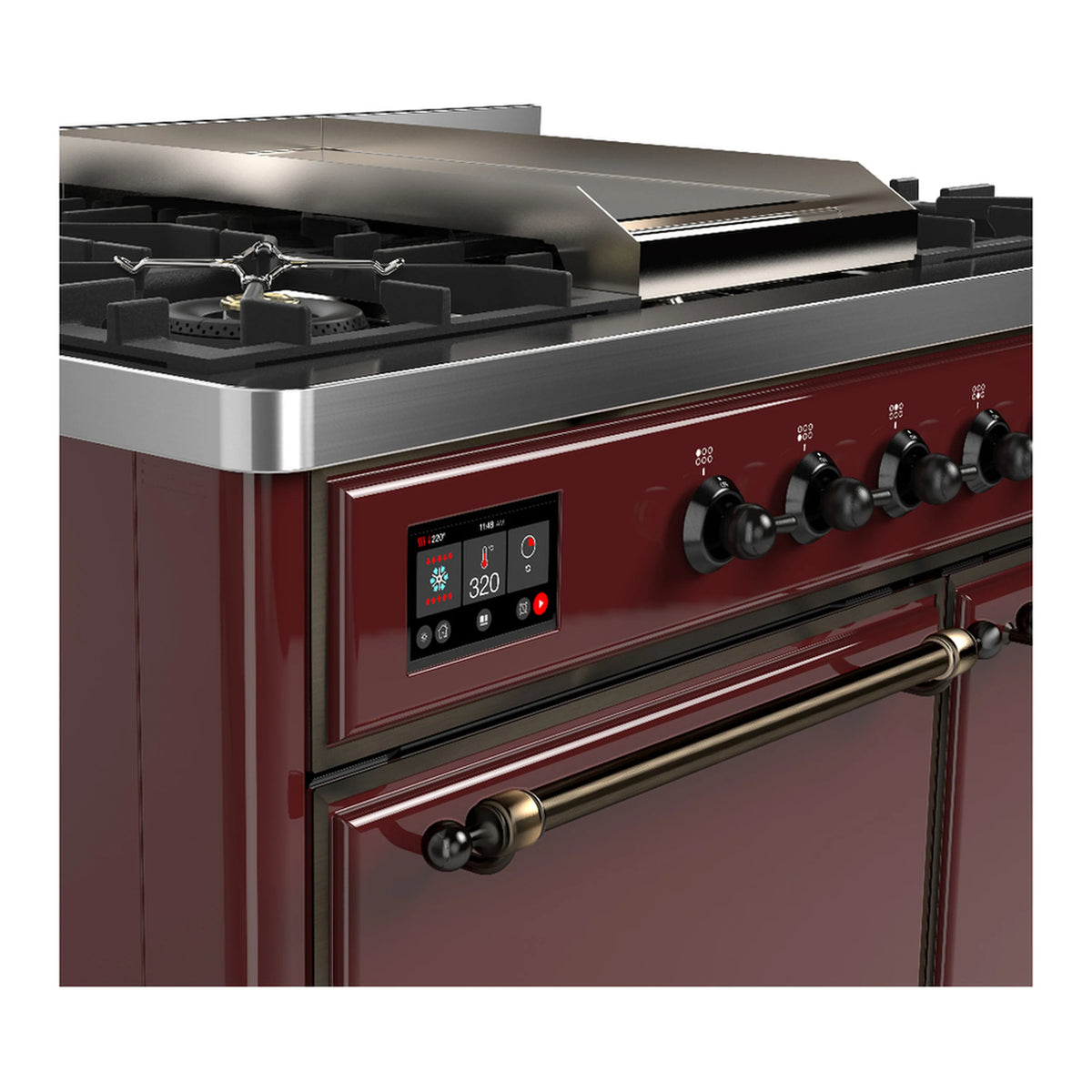 Burgundy range with digital display, control knobs, and chrome oven handle and trim.