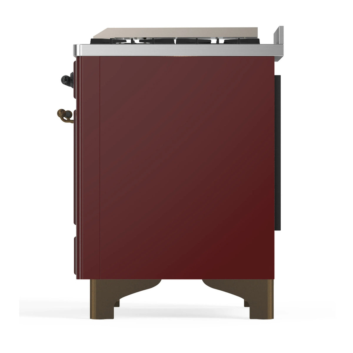 Burgundy dual fuel range side view with stainless top edge and exposed corner fittings.